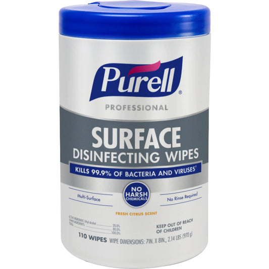 Purell Professional Surface Disinfecting Wipes in canister, 7" x 8", 110 wipes for cleaning and disinfecting surfaces.