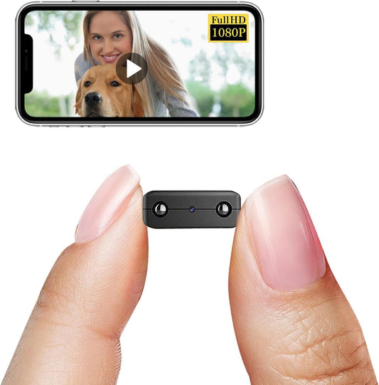 Small wireless WiFi security camera with HD 1080P, night vision, motion detection, and cloud storage for indoor and outdoor use.