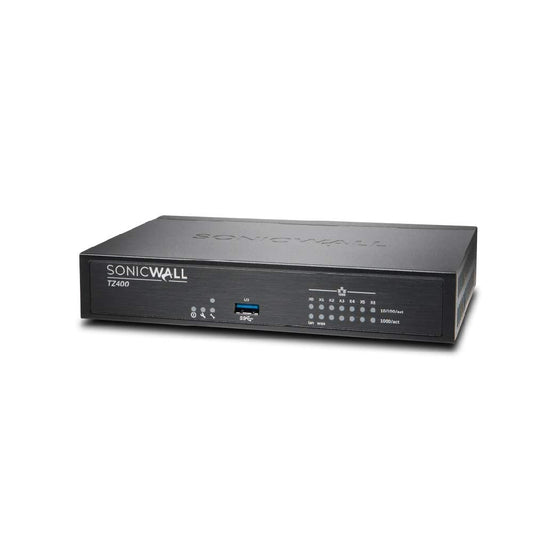 SonicWall TZ400 network security appliance with multiple Ethernet ports and security indicators, designed for network protection.