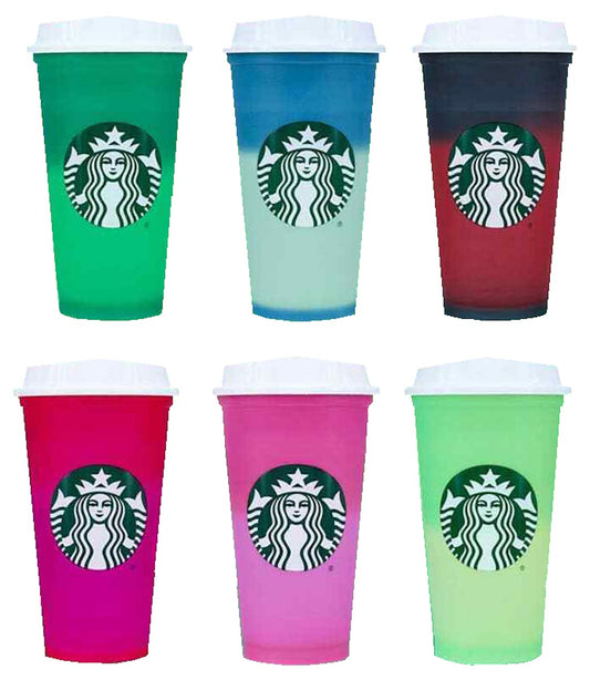 Set of 6 Starbucks plastic holiday 2021 color-changing reusable hot cups with lids, featuring festive seasonal designs.