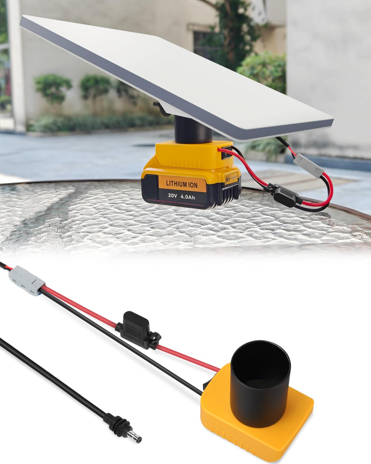 Starlink Mini DC power cable for Dewalt batteries with adapter base, 6 fuses, and round pole base by BACKUPMYFILESNOW.COM®