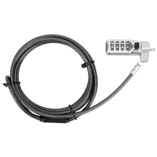 Targus DEFCON Compact Serialized Combo Cable Lock securing a laptop and desktop for enhanced security.