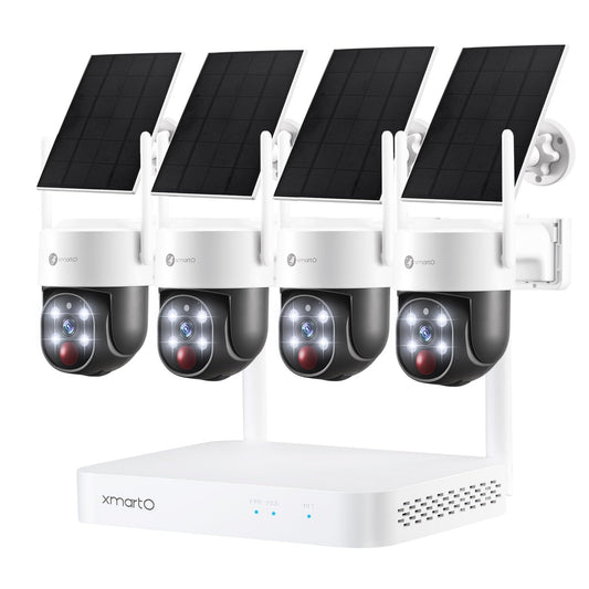 XMARTO 4-set wireless solar home security cameras with 2K QHD resolution, all-weather design, and expandable WiFi NVR system.