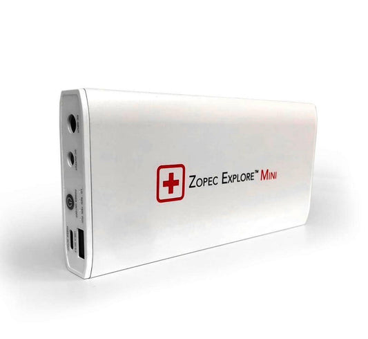 Zopec Explore Mini CPAP battery backup from BackupMyFilesNow.com, compact portable power for camping and travel, includes cables.