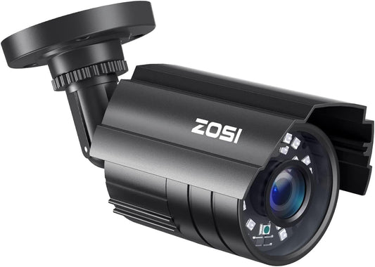 ZOSI 1080P HD TVI security camera with night vision, black bullet-shaped CCTV camera for home or office surveillance.