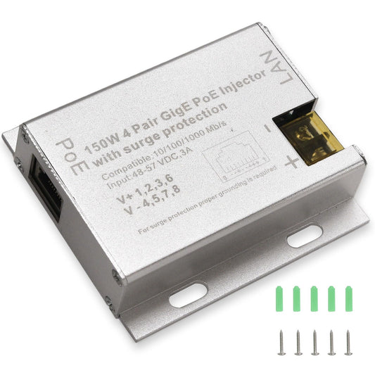Zuomeng 150W GigE Passive PoE Injector for Starlink, with surge, overvoltage, reverse connection, and overcurrent protection for network stability.