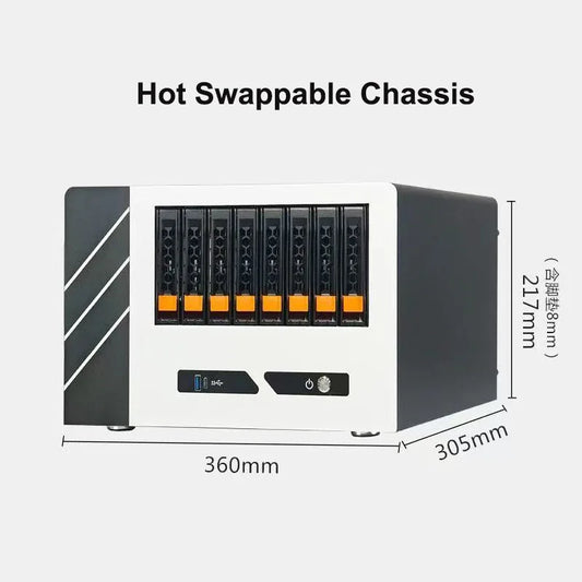 NAS-8 disk storage server with full-height PCIe slot, MATX motherboard, hot-swappable chassis, ideal for data backup and storage solutions