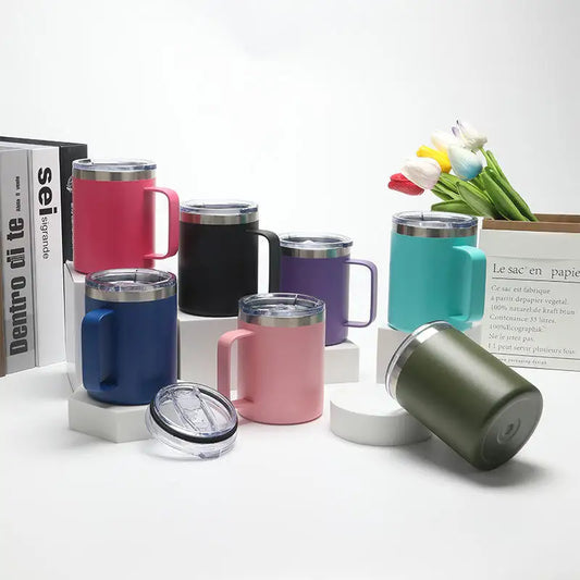 12oz stainless steel insulated mug with handle and sliding lid, ideal for camping, office, home, or school use.