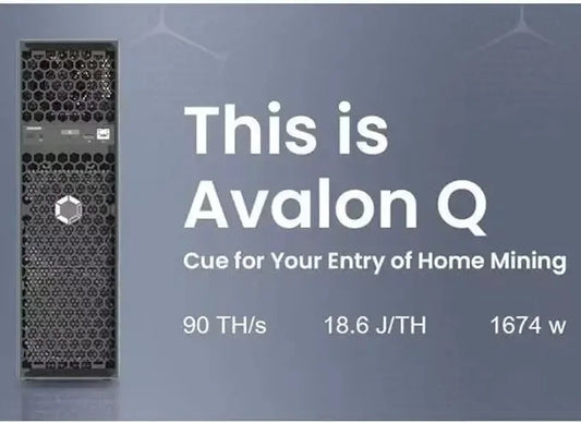 Avalon Q Bitcoin miner with 90TH/s hash rate, 1674W power, low noise design, and included PSU for crypto mining.