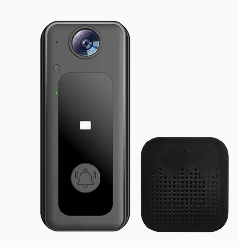Wireless smart WiFi doorbell by BACKUPMYFILESNOW.COM® with a sleek design, mounted on a modern home exterior.