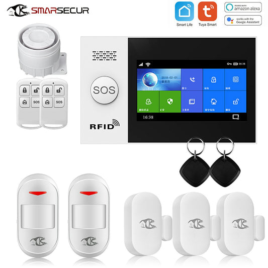 4G smart home security alarm for doors and windows by BackupMyFilesNow.com, includes control panel and sensors for home safety.