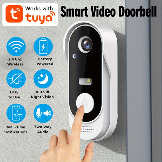 Tuya WiFi Video Doorbell with 2-way audio, 1080P HD outdoor security camera, motion detection, cloud storage, and live alerts.