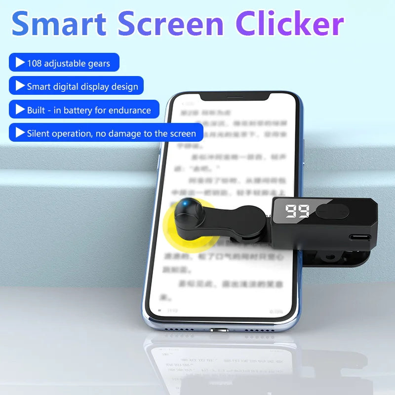 BackupMyFilesNow.com screen auto clicker for smartphones, used for apps, live streaming, gaming, and screen tapping with tripod setup.
