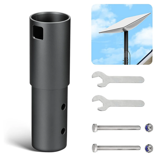 Aluminum alloy pole mount and pipe adapter kit for Starlink Dish V2 satellite antennas, designed for mast installation without U clamp.