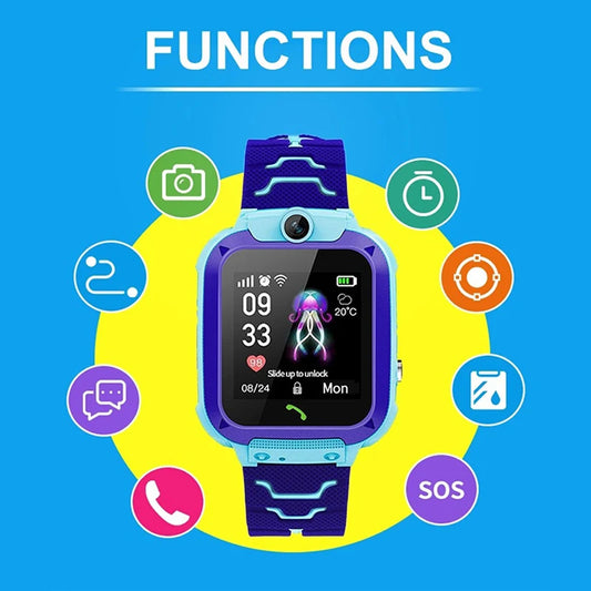 Pink kids' smart watch with camera, video, music, games, location tracking, alarm, and calculator functionality.