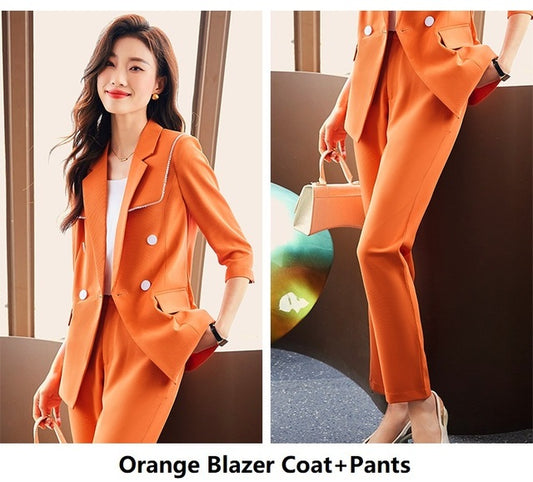 Women's orange business suit with formal jacket and trousers, stylish professional attire for women by BackupMyFilesNow.com