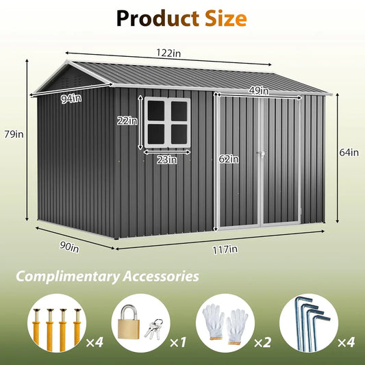 Dark gray 10x8 ft outdoor storage shed with clear window, lockable doors, sloped roof, and floor for garden storage.