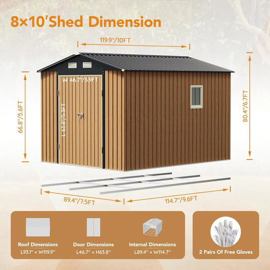 8x10 ft metal outdoor storage shed with double swing doors, clear windows, and frame floor, ideal for garden tool storage.
