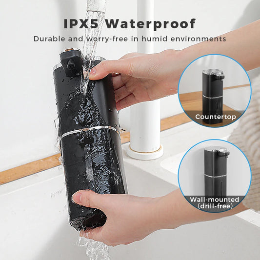 Black induction hand sanitizer dispenser with automatic foam soap, 400ml capacity, rechargeable bathroom hand washing machine.