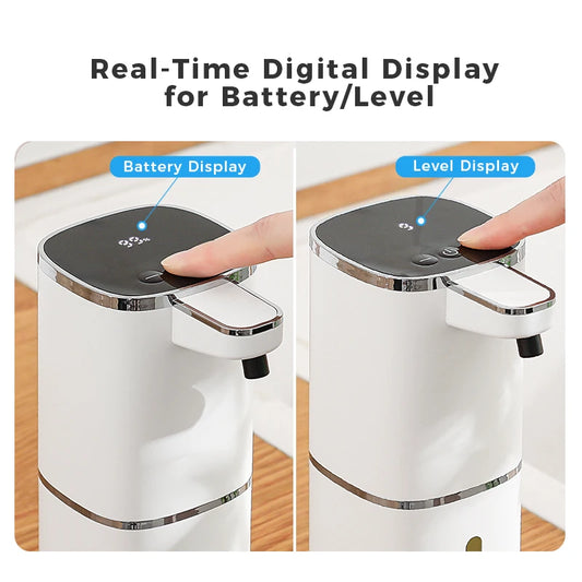 White induction hand sanitizer dispenser for foam hand washing, 400ml capacity, rechargeable automatic liquid soap dispenser.