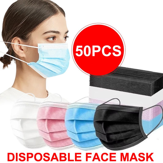 50-pack of disposable face masks with earloops in pink, blue, black, and white, featuring 3-layer meltblown non-woven breathable fabric.