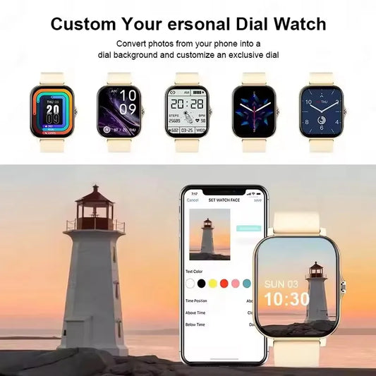 Pink BackupMyFilesNow.com smart watch with full touch screen, call and message reminders, music control, compatible with iPhone and Android.