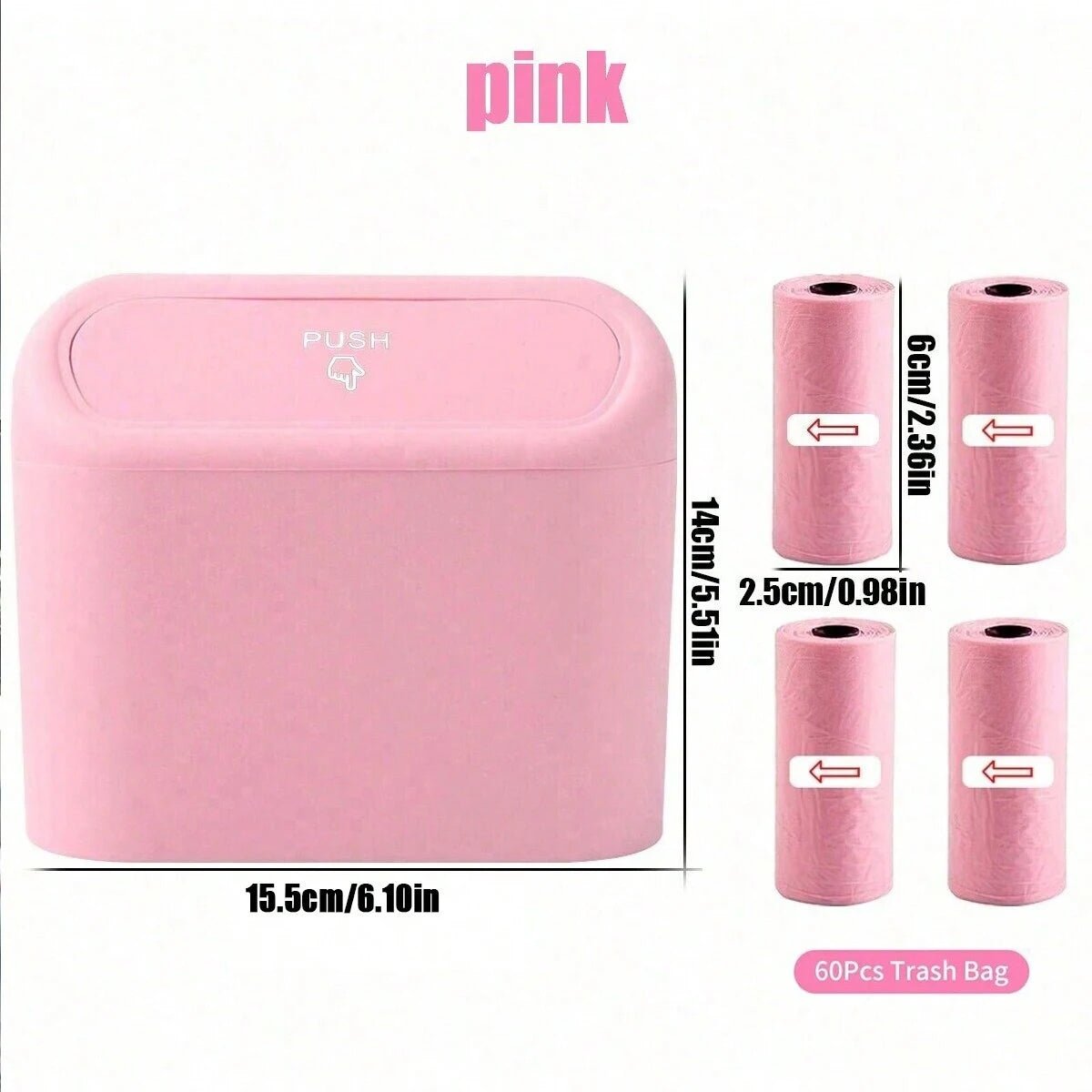 Pink car trash can with lid, includes 4 rolls of leak-proof garbage bags, portable hanging trash bin for vehicle organization.