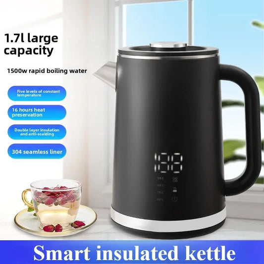 Smart thermostatic 1.7L electric kettle with stainless steel body, double-layer insulation, and pointed spout for household boiling water.
