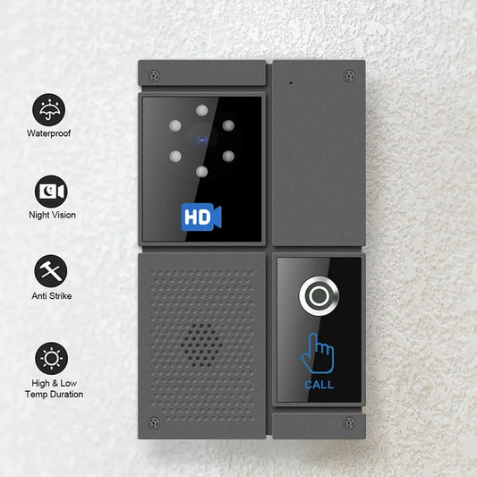 Smart SIP HD video intercom doorbell with touch screen, waterproof design, night vision, and anti-strike system for home or office.