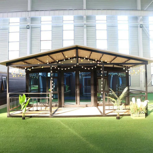 Brown customized foldable modular shipping container house by BACKUPMYFILESNOW.COM®, showing the prefab mobile villa with doors and windows.