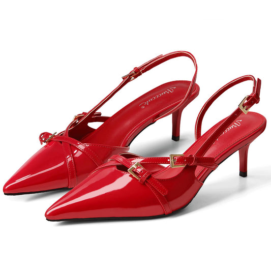 Red kitten heels for women with pointed toes, slingback style, low heel, buckle strap, US size 7, by BACKUPMYFILESNOW.COM®.