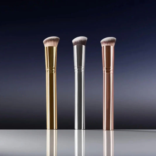 Rose gold professional foundation brush with synthetic hair, angled flat top, aluminum handle, customizable logo, ideal for makeup application.
