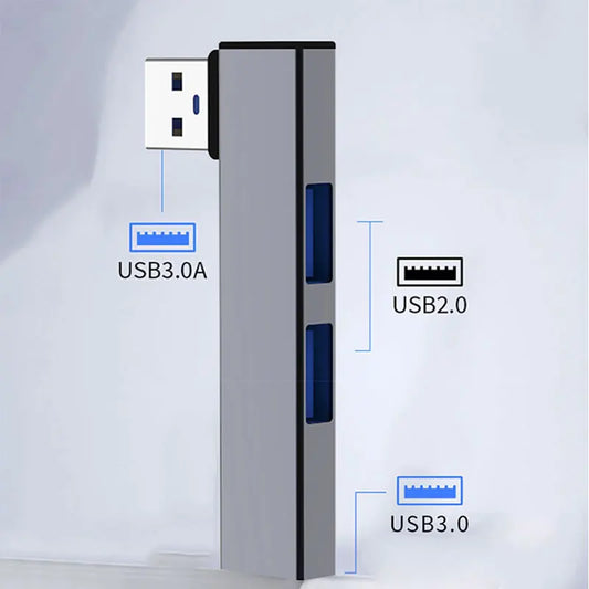 Aluminum 3-port USB hub with USB 2.0 and 3.0 ports, suitable for laptops and PCs, connects flash drives and external HDDs.