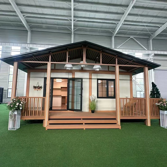 High-end expandable container house by BACKUPMYFILESNOW.COM® with foldable design, modular prefab for garden, hotel, or resort use.