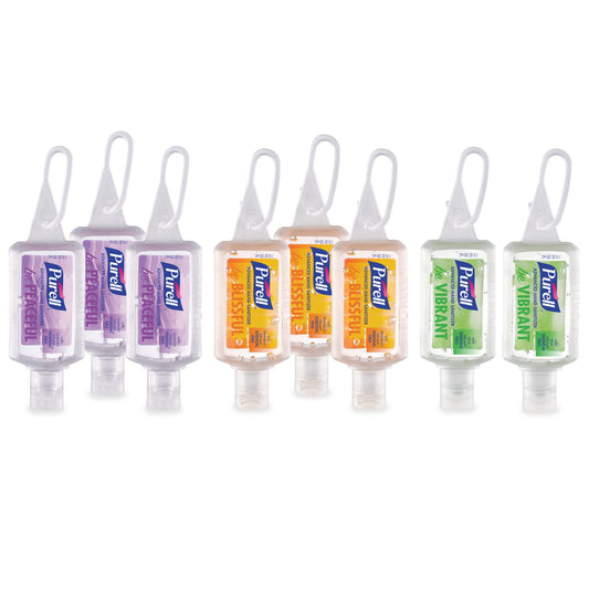 Set of eight 1 fl oz Purell Advanced Hand Sanitizer Gel bottles with essential oils, travel size, flip caps, and jelly wrap carrier.
