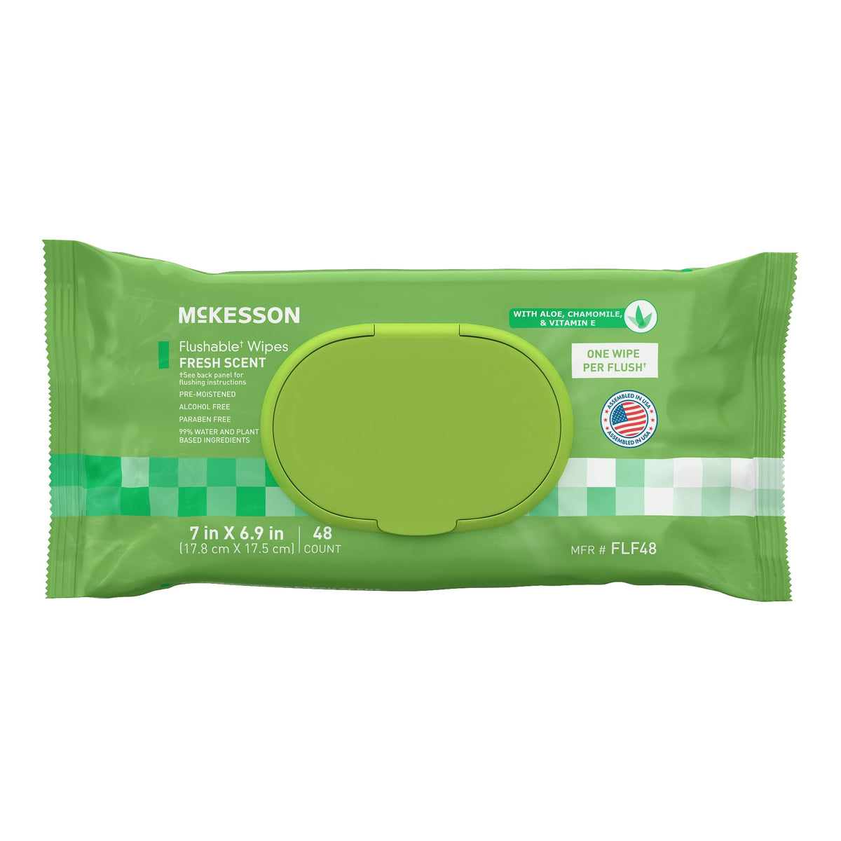 McKesson flushable adult wet wipes with aloe and vitamin E, scented, 48-count pack of plant-based cleansing wipes.