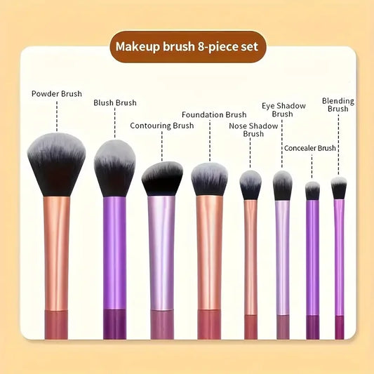 Set of 8 BackupMyFilesNow.com makeup brushes with soft synthetic hair for foundation, blush, and eyeshadow application.