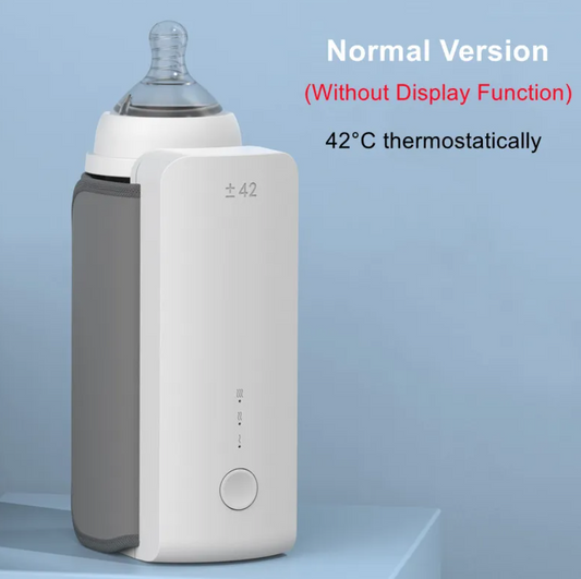 Portable wireless baby bottle warmer by BackupMyFilesNow.com, showing the compact device with a bottle ready for warming.
