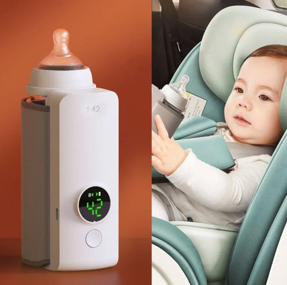 Portable wireless baby bottle warmer by BackupMyFilesNow.com showing a compact device with a bottle in use