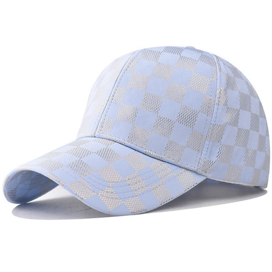 Blue silk checkerboard unisex baseball cap with adjustable strap, featuring bright color pattern and classic dad hat style.