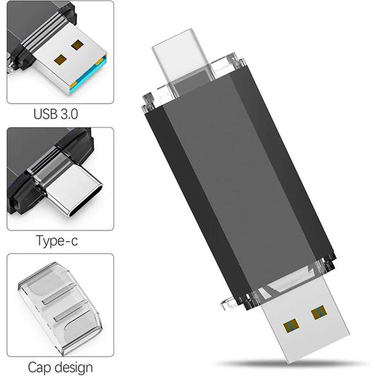 BackupMyFilesNow.com 128GB OTG USB flash drive with Type-C and USB 3.0, silver external storage for Android and PC.