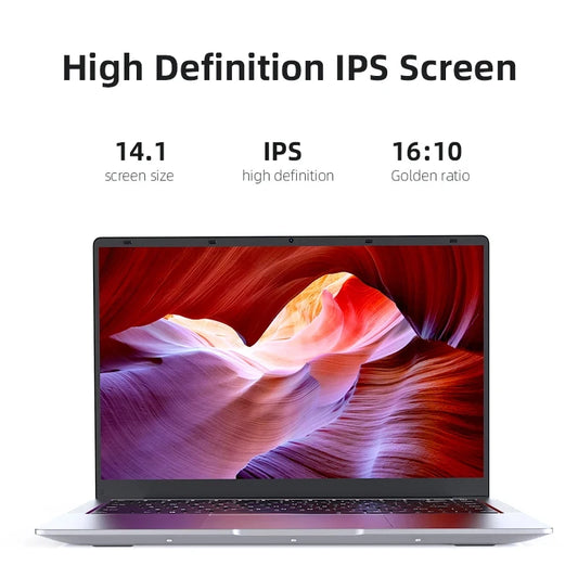 Silver Xiaman Laptop with Windows 11 Pro, Intel Atom A3950, 12GB RAM, 1TB SSD, 1920x1080 display, ideal for office use.