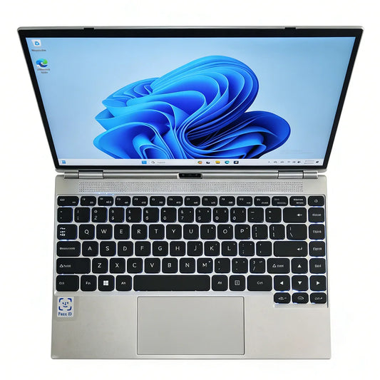 Silver 14-inch touchscreen portable laptop with Intel N95, 16GB RAM, 32GB storage, 2-in-1 yoga design, Face ID, metal chassis