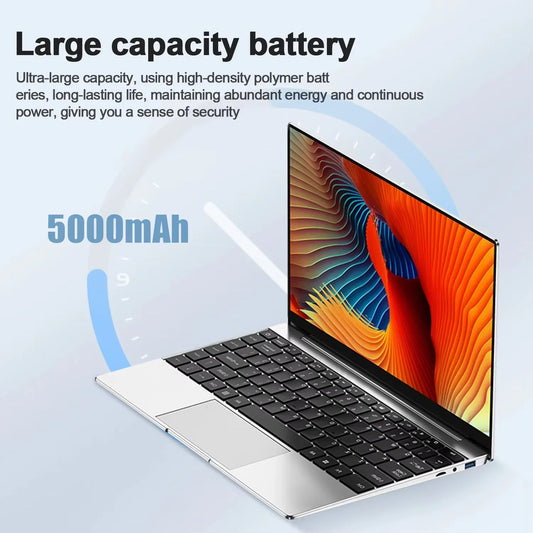 Silver 14.1-inch gaming laptop with Intel Core i9, 16GB RAM, 2TB SSD, Windows 11, 4K HD display, high-performance design.