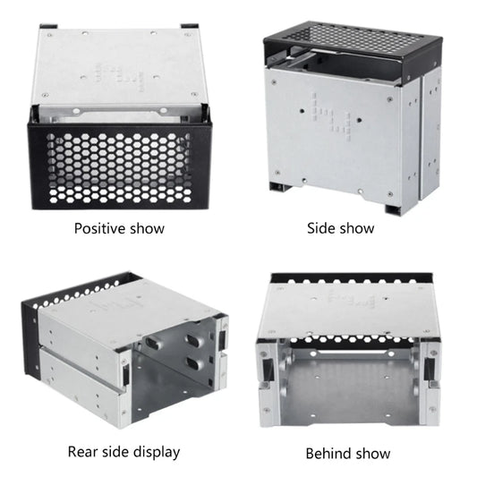 Silver 3.5 to 5.25-inch three-disc hard drive cage with two drives installed, designed for computer storage expansion.