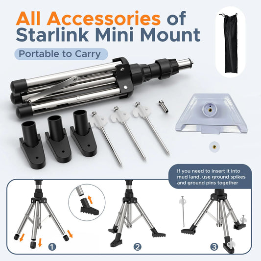 Silver 8-inch adjustable height Starlink Mini tripod mount with tilt feature for satellite antenna installation.