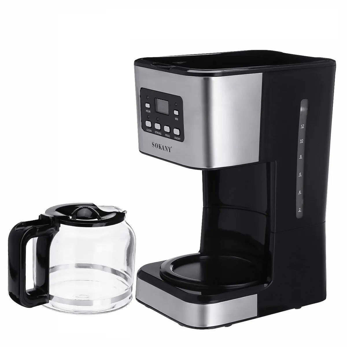 Silver BACKUPMYFILESNOW.COM® automatic American drip coffee machine for home brewing with a sleek design and user-friendly features.