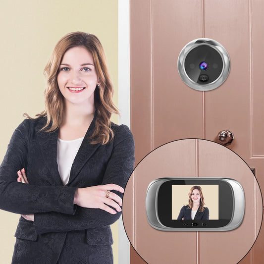 Silver digital door viewer with 2.8-inch screen, night vision, and camera for home security surveillance and door monitoring.