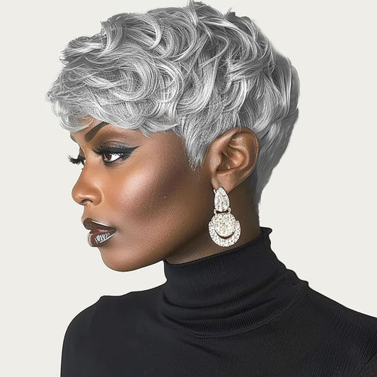 Mujgoo Pixie Grey wig for Black women, short curly style with bangs, grey mixed, suitable for black women, stylish and trendy.