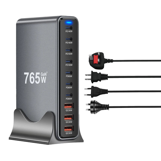 Silver BackupMyFilesNow.com 765W multi-port power station portable charger with multiple device ports for tablets, laptops, and iPhones.